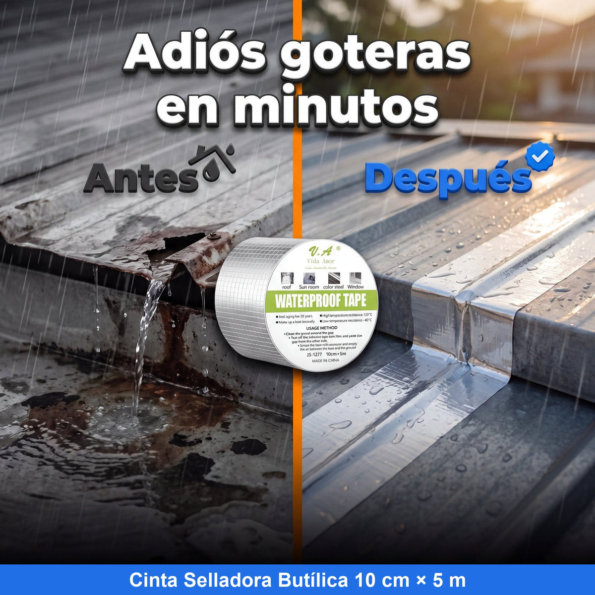 Antes y después: gotera en techo de zinc sellada con cinta butílica de 10 cm x 5 m