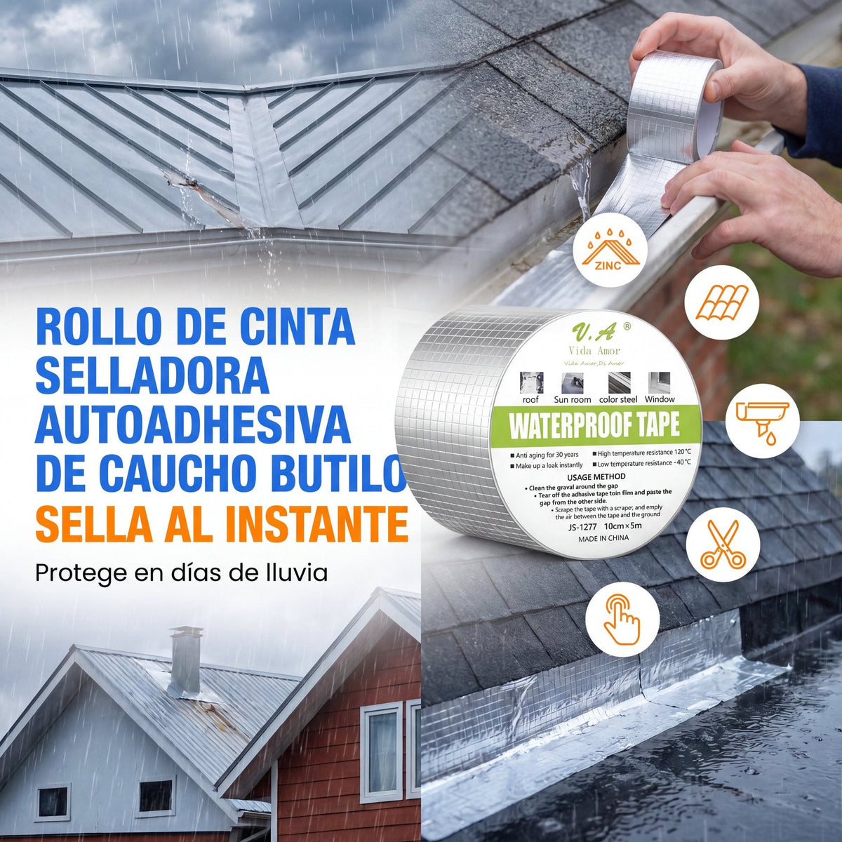 Rollo de cinta selladora autoadhesiva de caucho butílico 10 cm x 5 m