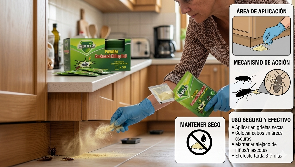 Polvo Mata Cucarachas Green Killer caja de 50 sobres aplicado en la cocina