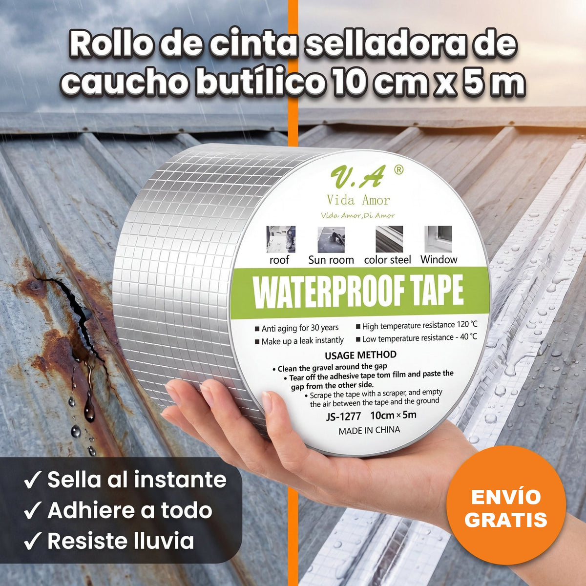Rollo de cinta butílica de 10 cm de ancho sostenido en la mano sobre techo de zinc