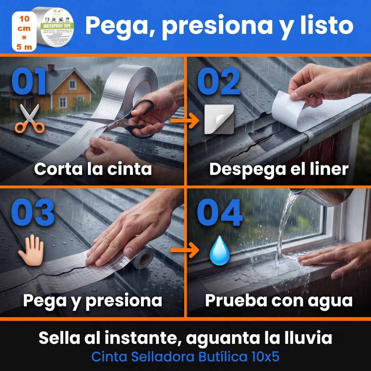 Cómo aplicar la cinta en 4 pasos: corta, despega el liner, pega y presiona, prueba con agua