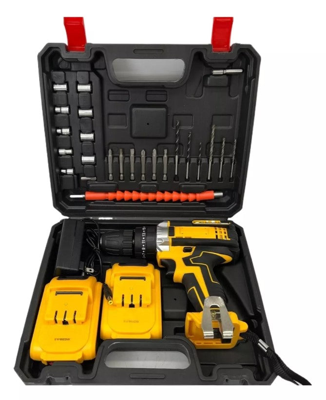 Kit de taladro inalámbrico con baterías, cargador y accesorios en maletín