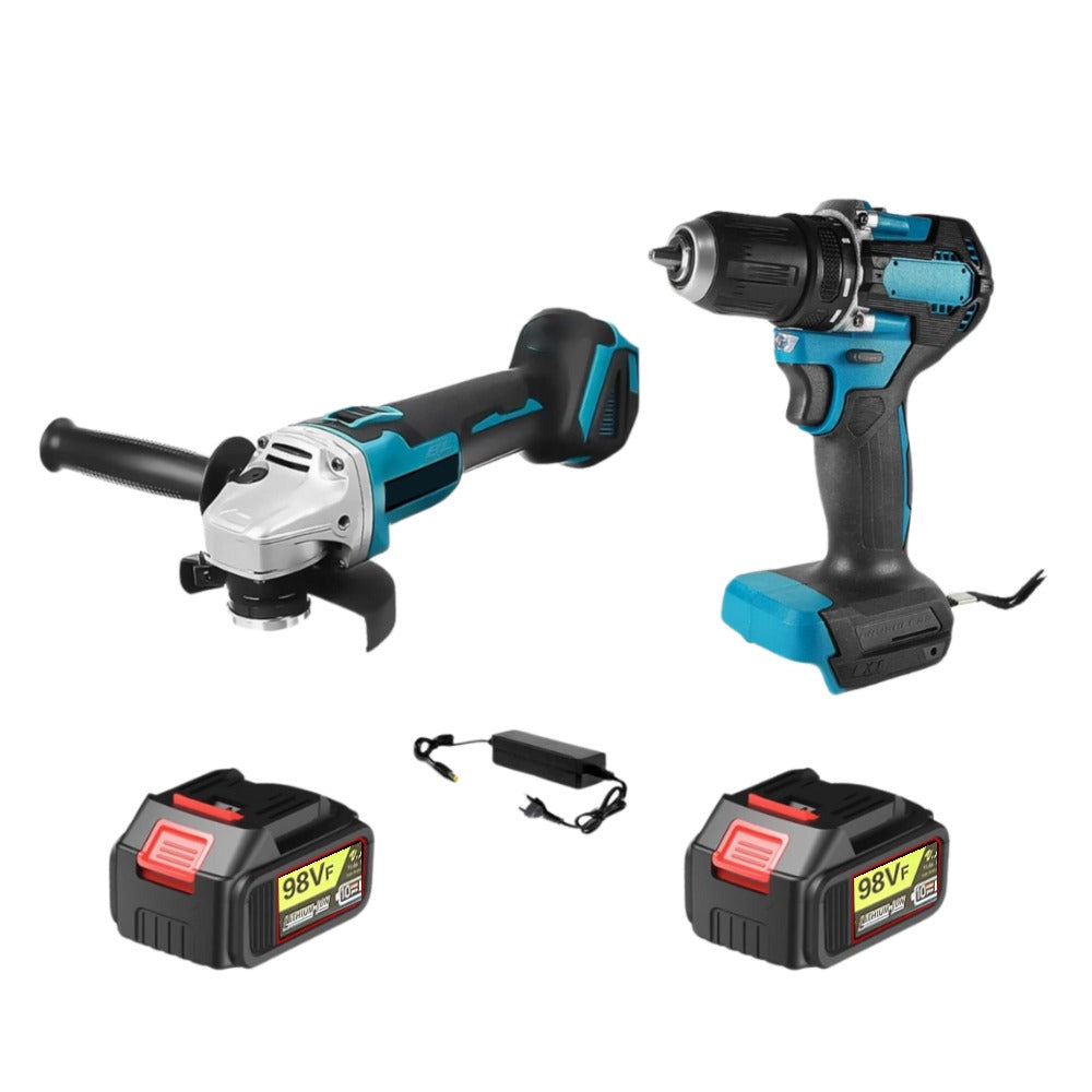 Combo de herramientas inalámbricas brushless con taladro percutor, amoladora y 2 baterías 98V