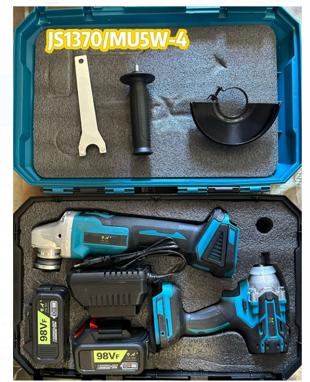 Combo de herramientas inalámbricas brushless 98V — vista de componentes y maletín