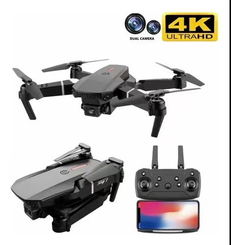 Dron plegable 4K con doble cámara, mando remoto y soporte para celular