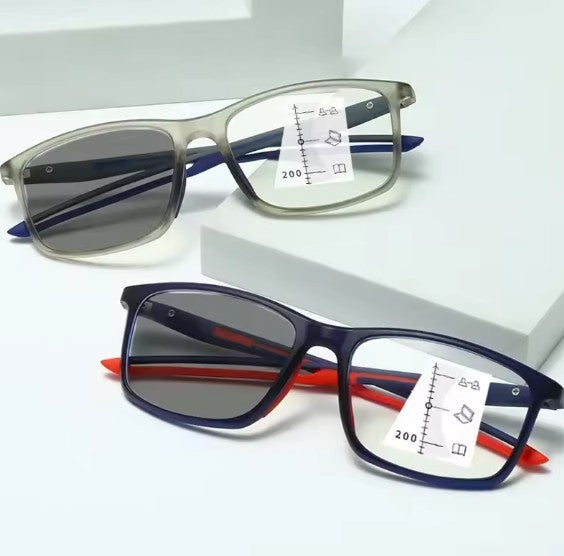 Gafas progresivas fotocromáticas con marco TR90 deportivo en gris y azul
