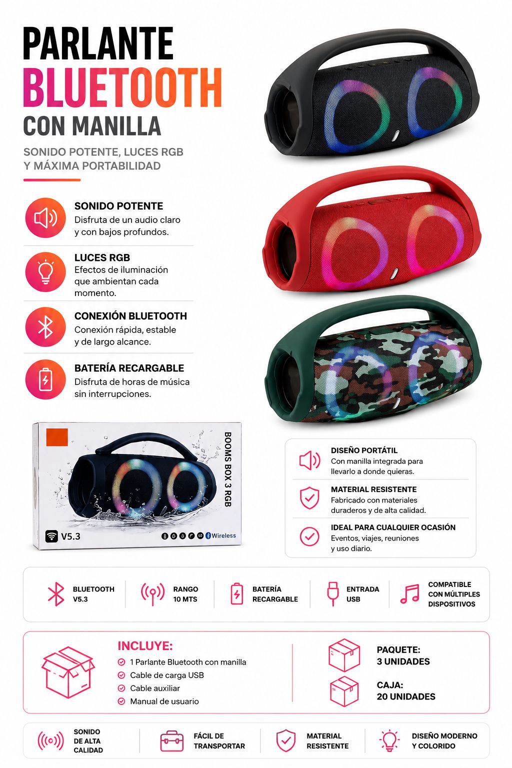 Parlante Bluetooth portátil con manilla y luces RGB en negro, rojo y camuflaje con caja y características