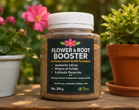 Flower & Root Booster en el jardín con flores
