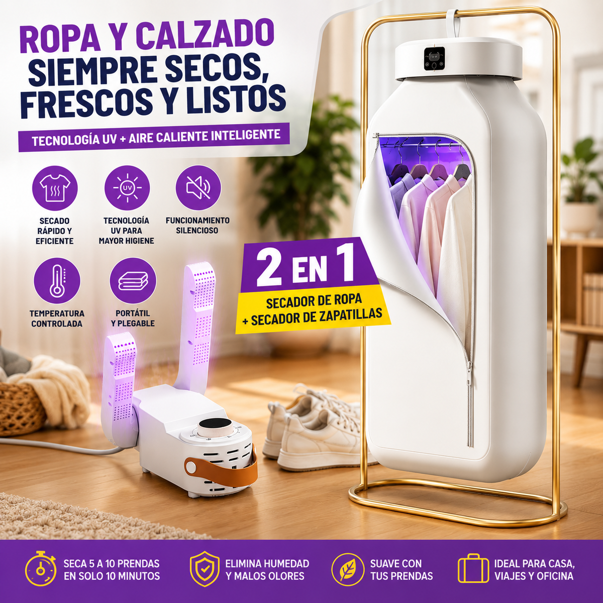 [ADIÓS A LA ROPA HÚMEDA] Secadora Portátil UV 2 en 1 + Secador de Zapatos