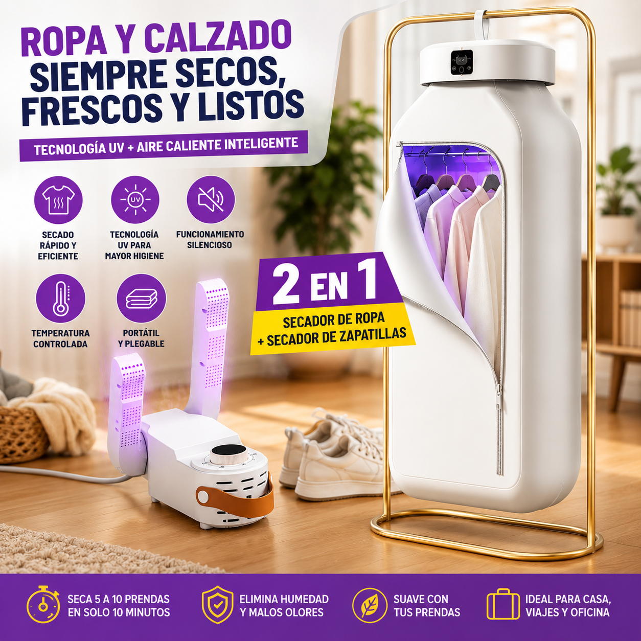 [ADIÓS A LA ROPA HÚMEDA] Secadora Portátil UV 2 en 1 + Secador de Zapatos