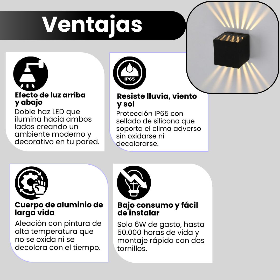 Ventajas: efecto arriba y abajo, resiste lluvia y sol, aluminio y bajo consumo