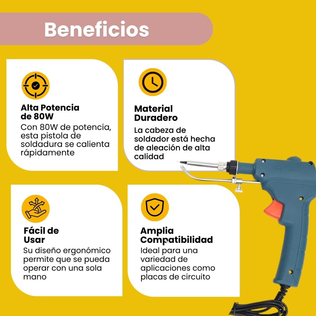 Beneficios de la pistola de soldar: alta potencia, material duradero, fácil de usar con una sola mano y amplia compatibilidad