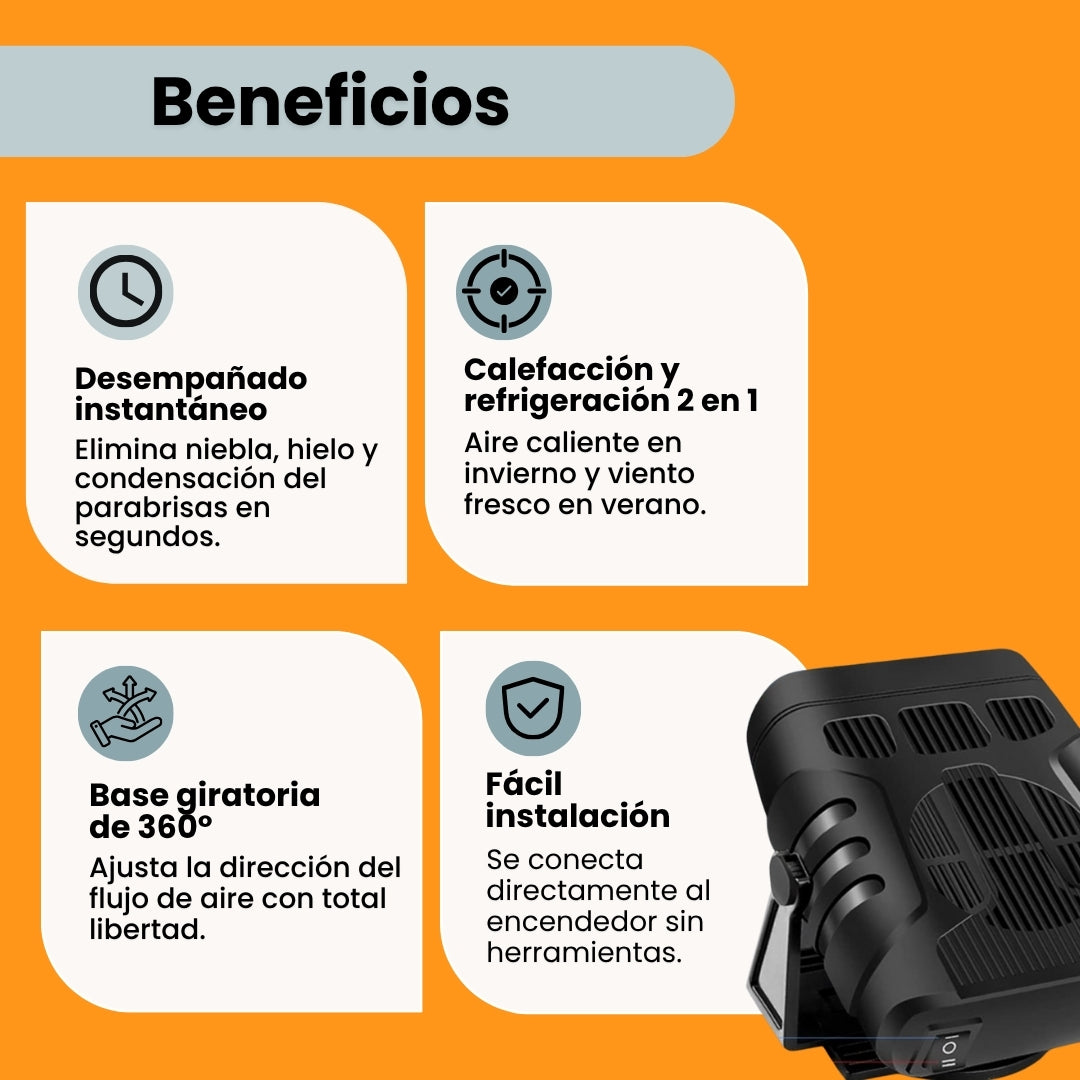 Beneficios: desempañado instantáneo, frío y calor, base giratoria 360