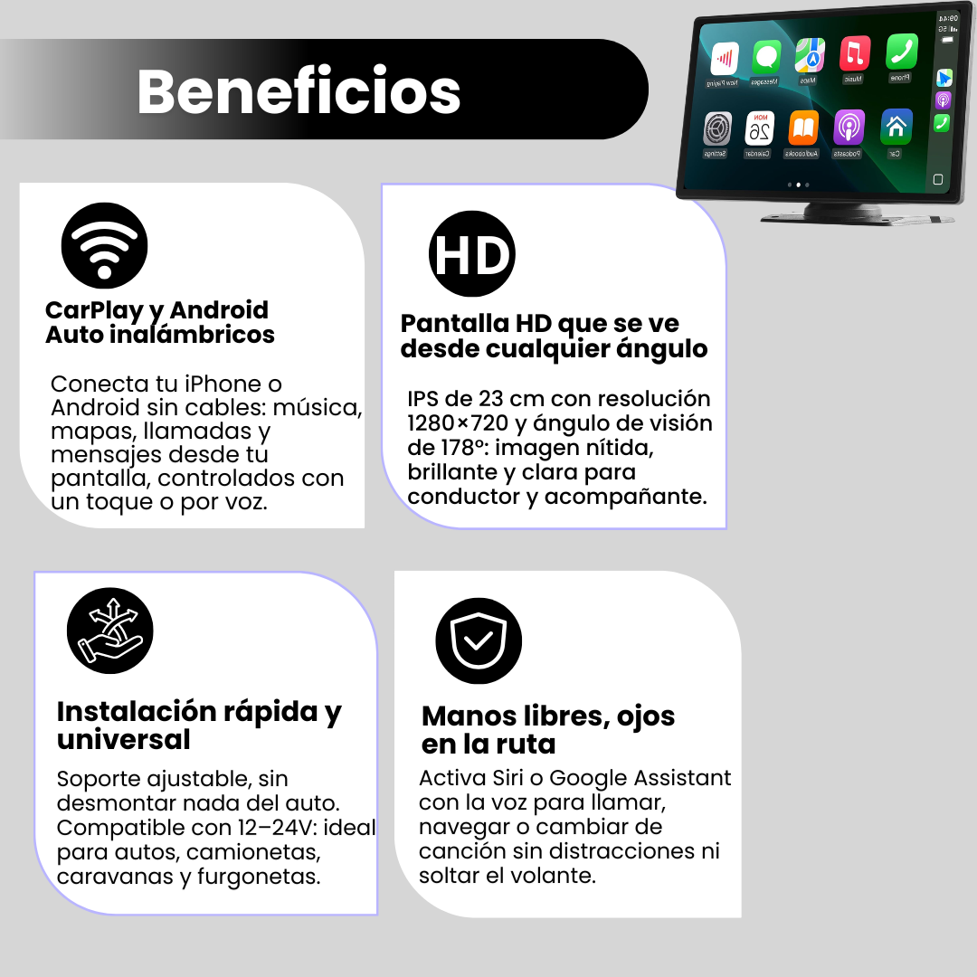 Especificaciones de la pantalla portátil CarPlay y Android Auto