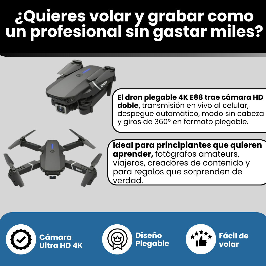 Características del dron 4K: cámara dual, WiFi FPV, vuelo estable y plegable