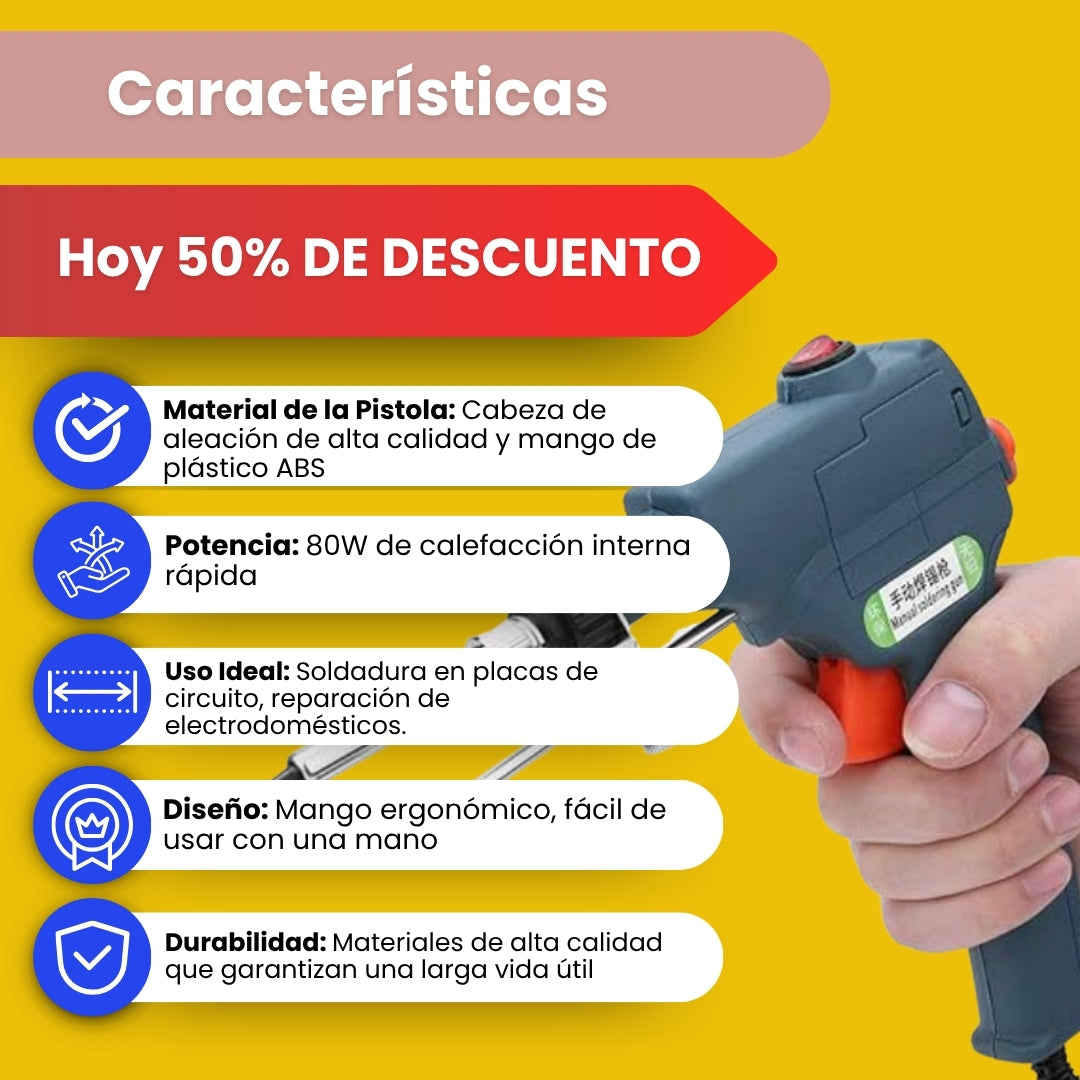 Características de la pistola de soldar: punta de aleación, mango ergonómico y uso con una mano