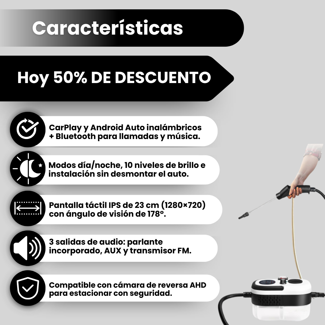 Características de la pantalla CarPlay: pantalla táctil HD, audio y cámara de reversa