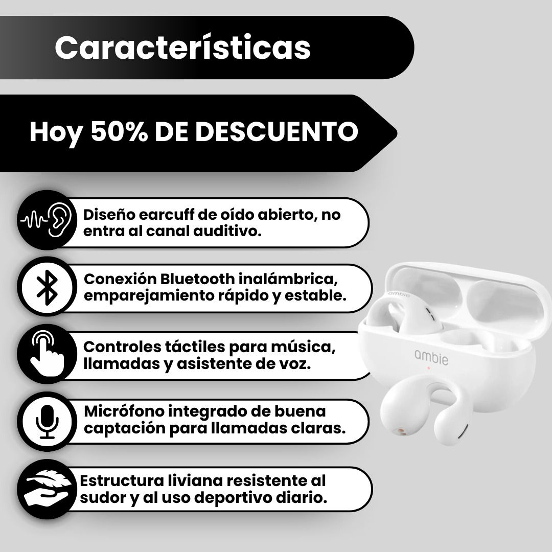 Características de los audífonos clip de oreja: diseño earcuff, Bluetooth, controles táctiles y micrófono