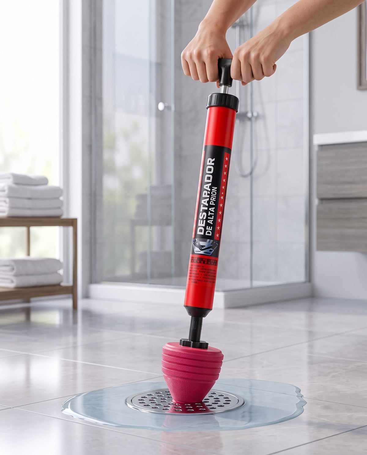Destapando el desagüe de la ducha con el sopapo de presión