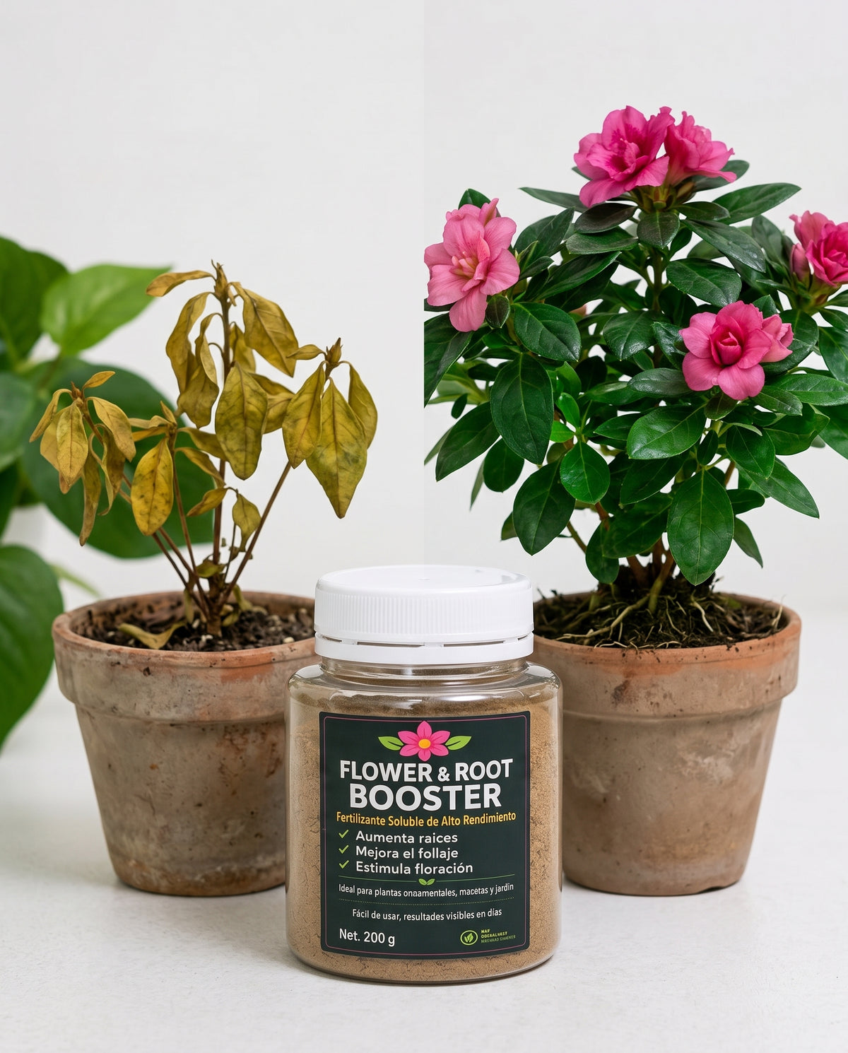 Antes y después: planta mustia vs planta floreciendo con Flower & Root Booster