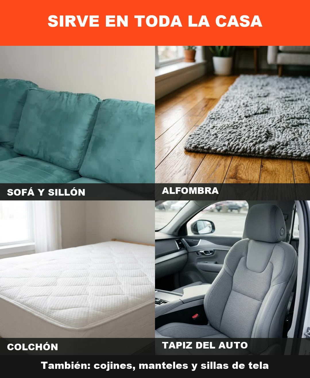 Sirve en sofá, alfombra, colchón y tapiz del auto