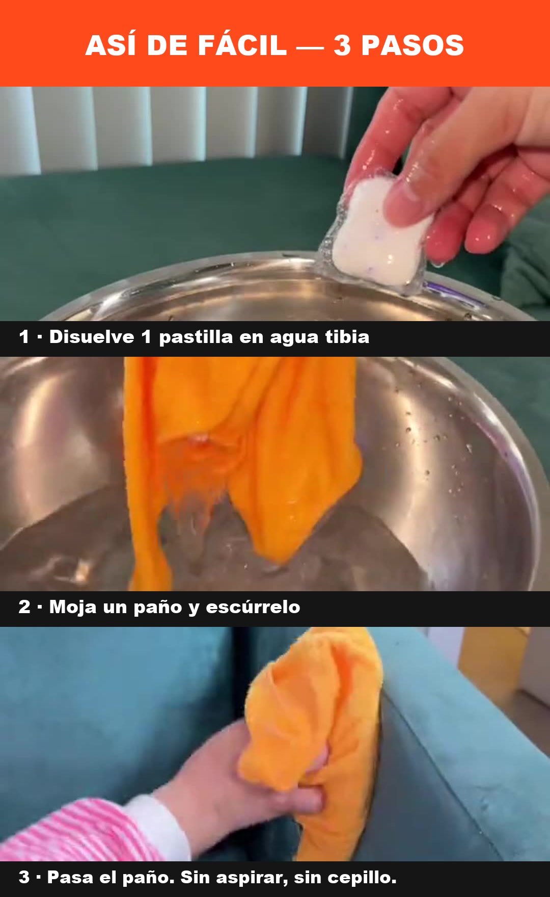 Cómo usar las pastillas limpia tapiz en 3 pasos: disolver, mojar el paño y pasar