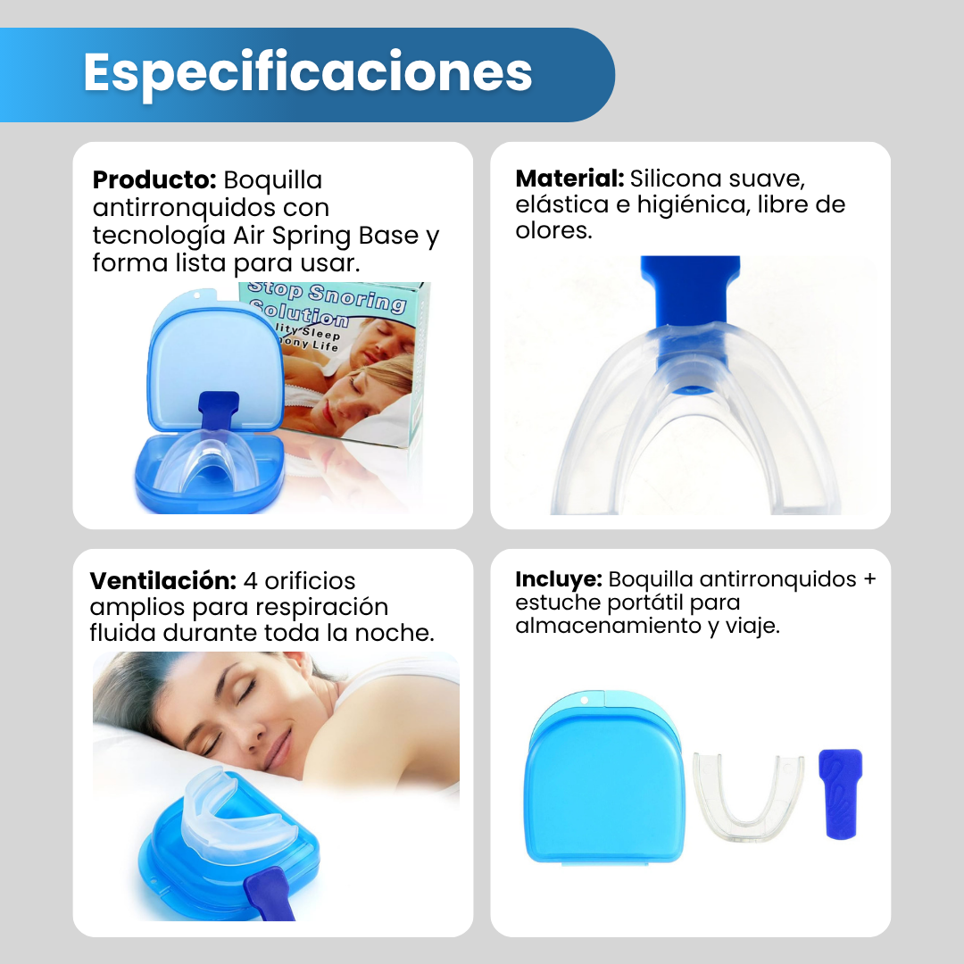 Especificaciones del protector antironquidos: material, ventilación y estuche incluido