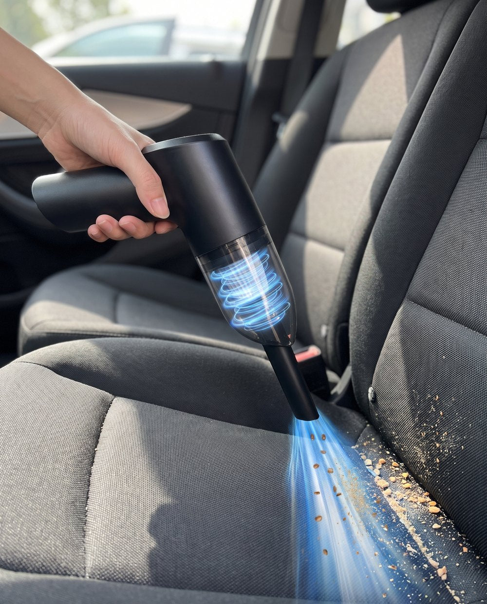 Mini aspiradora sacando migas del asiento del auto