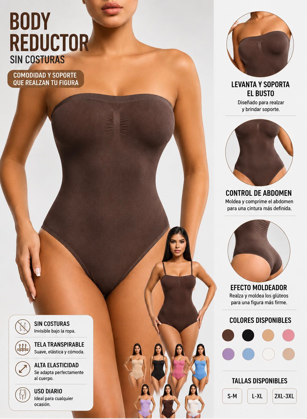 Body reductor sin costuras color cocoa con tirantes y panel de colores