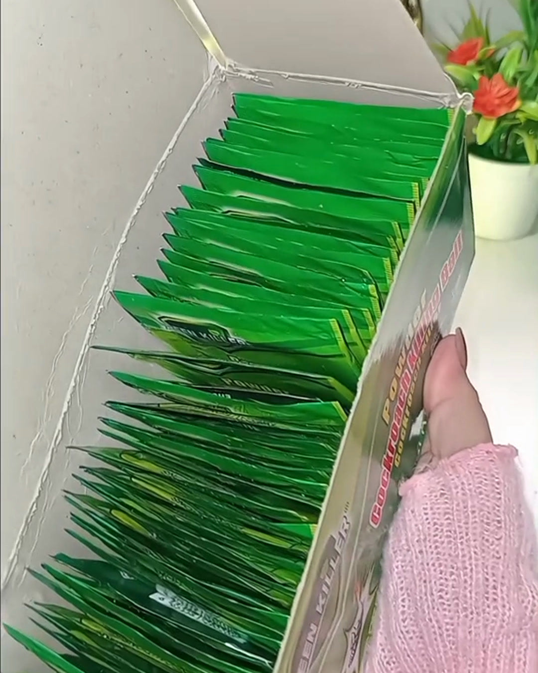 Caja abierta con los 50 sobres de Polvo Mata Cucarachas Green Killer