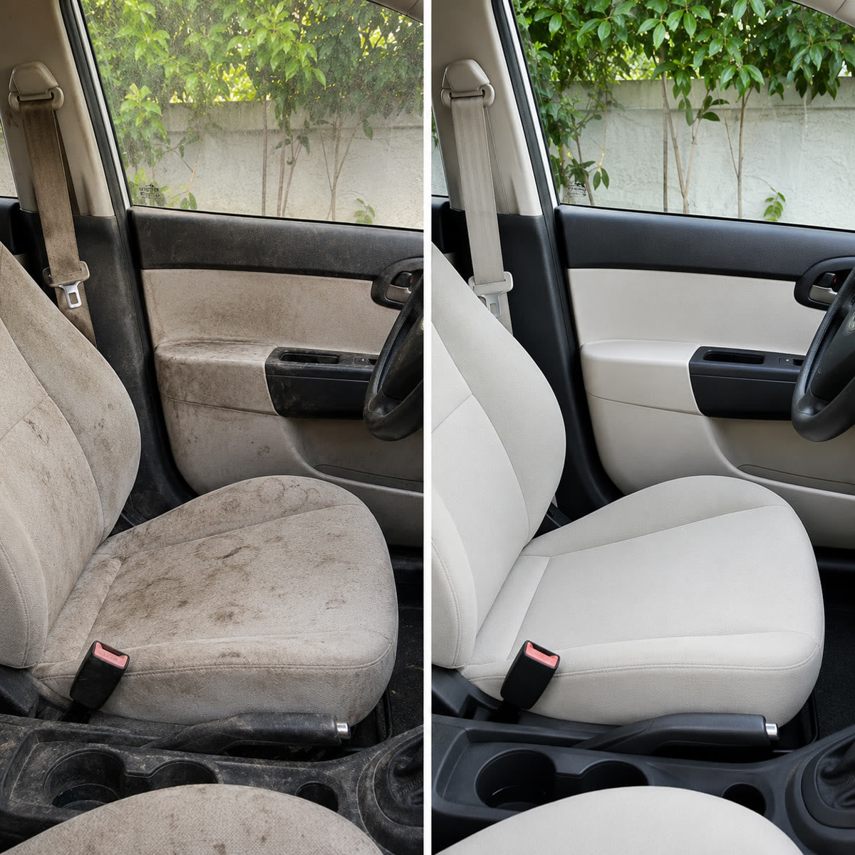 Antes y después de limpiar tapiz y plástico con espuma activa
