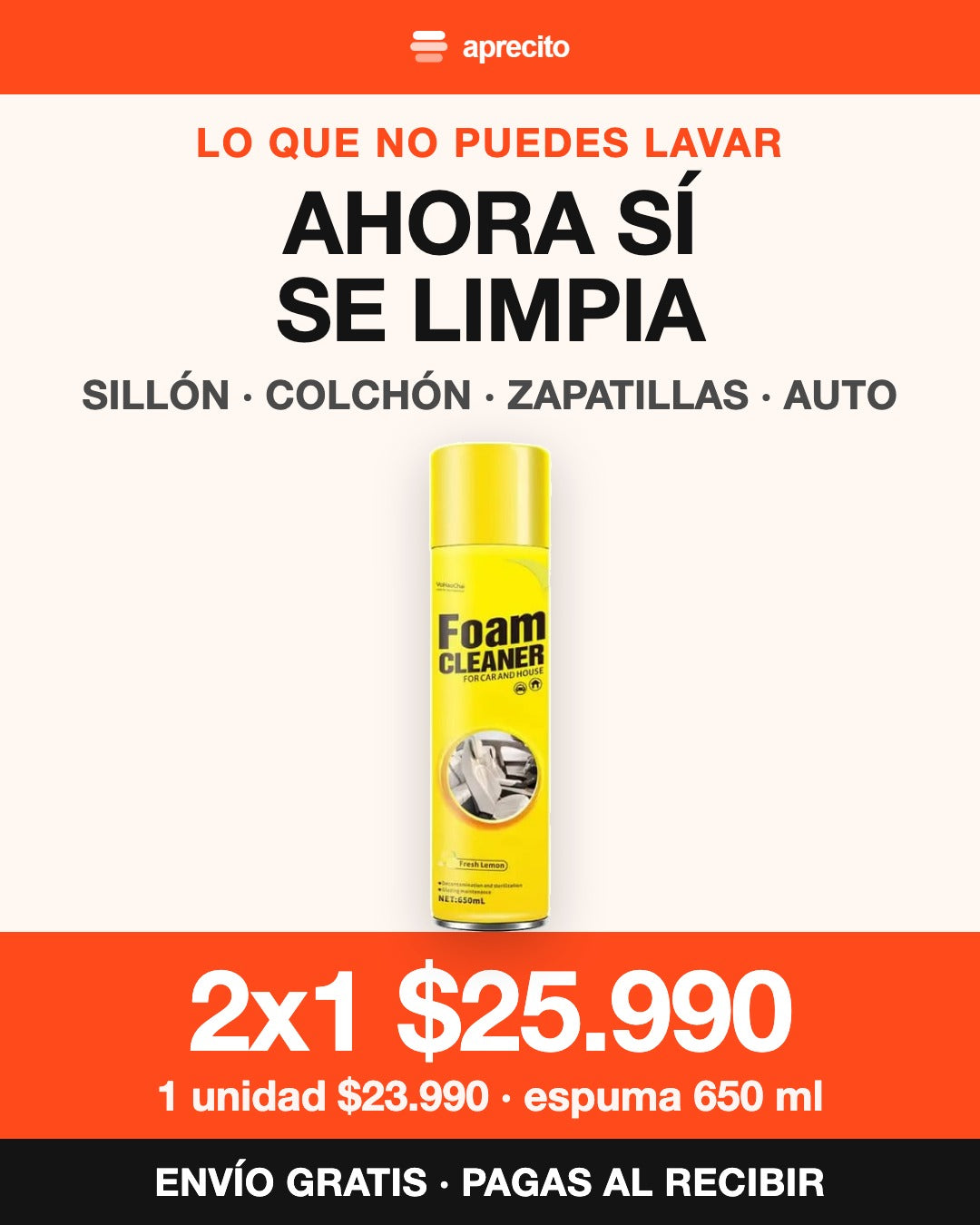 Foam Cleaner 650 ml multiuso: sillón, colchón, zapatillas y auto. 2x1 $25.990, envío gratis a todo Chile.