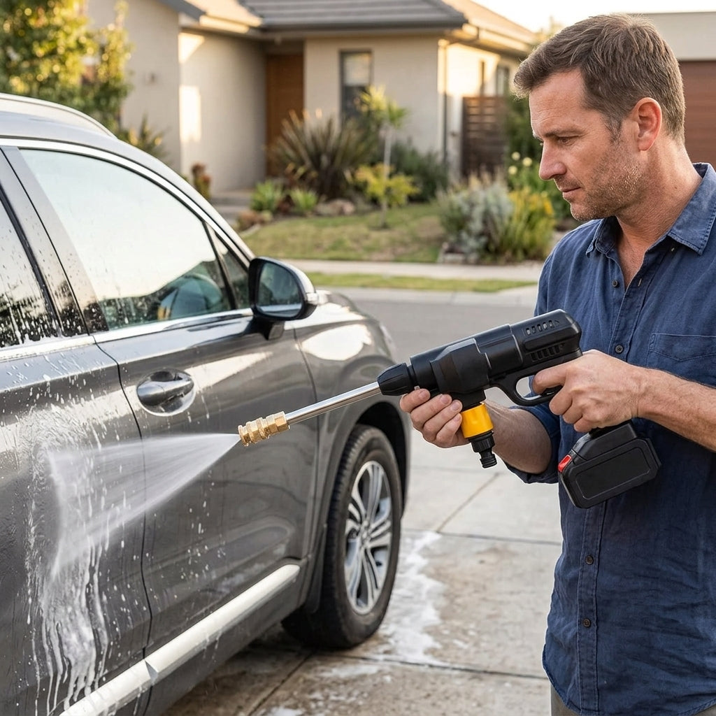 Hombre lavando su auto con la hidrolavadora inalámbrica