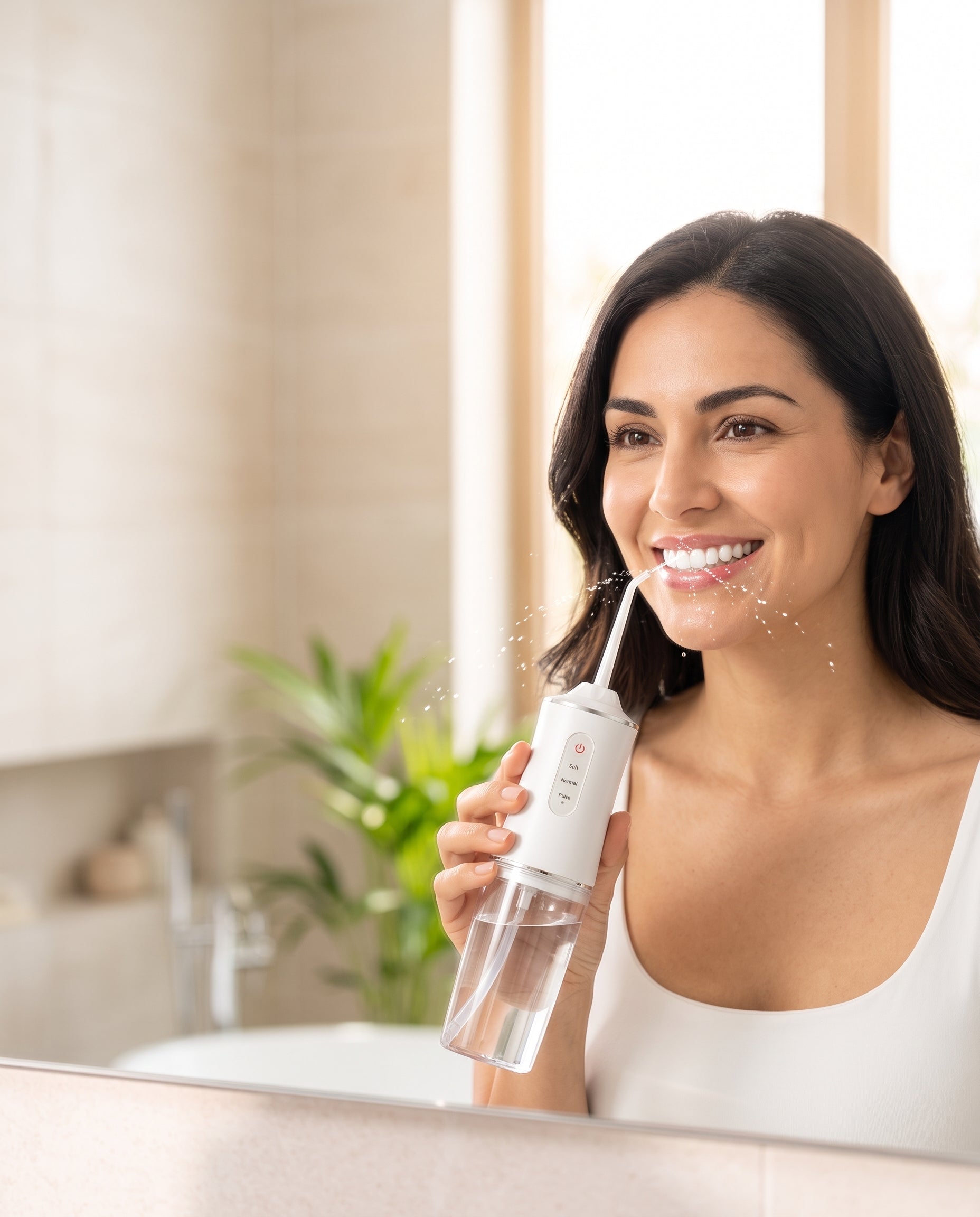 Irrigador bucal portátil en uso — sonrisa fresca