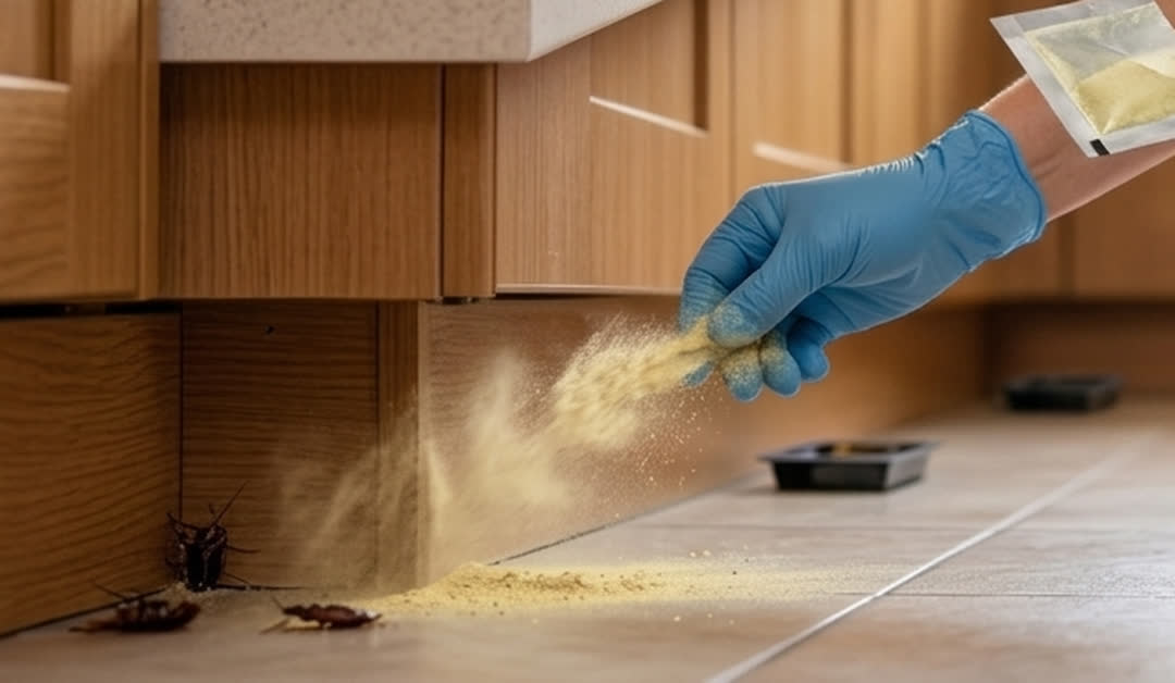 Aplicando el polvo mata cucarachas Green Killer en la grieta bajo el mueble de la cocina