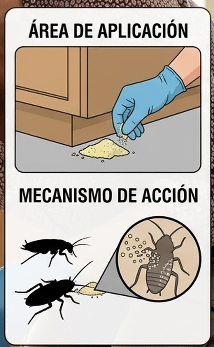 Area de aplicacion y mecanismo de accion del cebo: la cucaracha come el polvo y lo lleva al nido