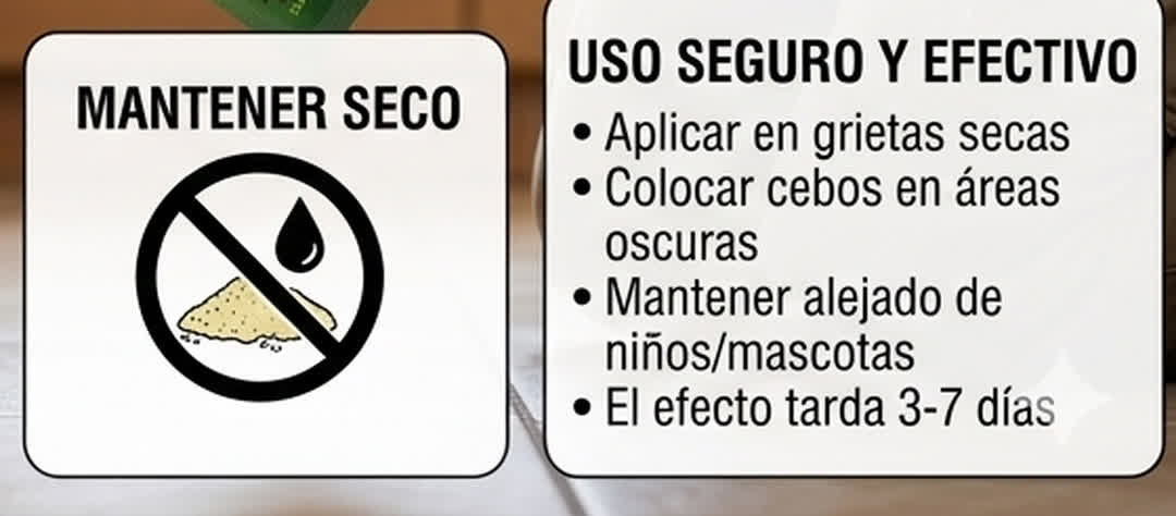 Uso seguro y efectivo: aplicar en grietas secas, areas oscuras y lejos de ninos y mascotas