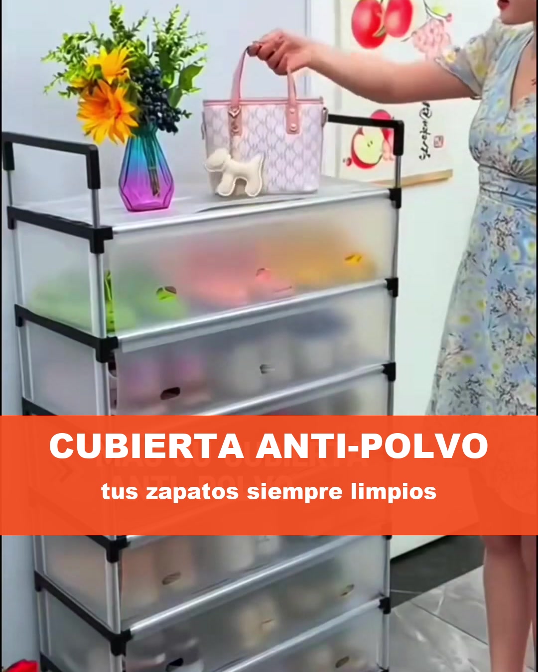 Zapatera 6 niveles llena de zapatos con cubierta anti-polvo
